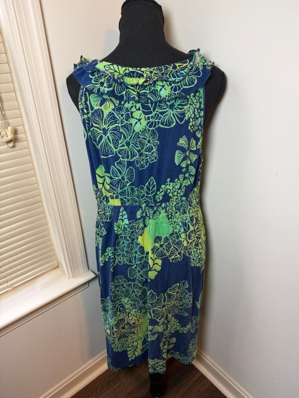Blue Green Floral Ruffle Dress